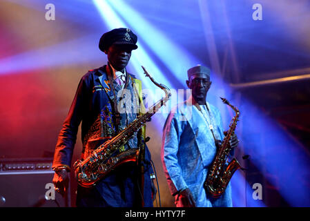 BARCELONA - 4 JUN: Orchestra Baobab (Afro-Cuban-Karibik-Fusion-Band) führen im Konzert beim Festival Primavera Sound 2016 am 4. Juni 2016 in Barcelon Stockfoto