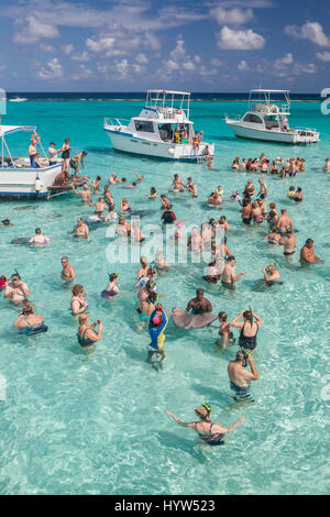 Touristen zu sammeln AtStingray Stadt, die eine Reihe von flachen Sandbänke in North Sound von Grand Cayman, Cayman-Inseln gefunden. Stockfoto