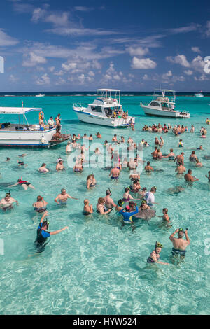 Touristen zu sammeln AtStingray Stadt, die eine Reihe von flachen Sandbänke in North Sound von Grand Cayman, Cayman-Inseln gefunden. Stockfoto