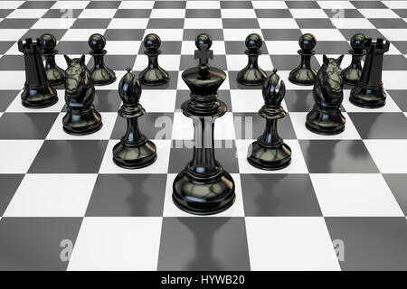 Schwarzen Schachfiguren auf Schachbrett, 3D rendering Stockfoto