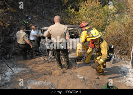 25. Juni 2008 - untersuchen El Dorado County Sheriffs Abgeordneten die Szene, wo Ron Presbas Körper in einem Fahrzeug, die in den Canyon entlang Autobahn 193 in der Nähe von Kelsey entdeckt wurde, Wildland eines Brandes am 25. Juni 2008 stürzte. Foto von Pat DollinsMountain Demokrat Credit: Berg Demokrat/ZUMA Draht/Alamy Live-Nachrichten Stockfoto