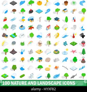 Legen Sie 100 Symbole für Natur und Landschaft Stock Vektor