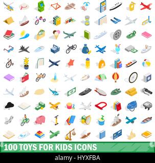 100 Spielwaren für Kinder Icons Set, isometrischen 3d Stil Stock Vektor