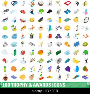 100 Trophäen und Auszeichnungen Icons Set, isometrische Stil Stock Vektor