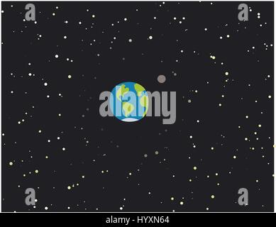 Einfache Cartoon Planetenerde und Mond mit Sternenhimmel. Stock Vektor