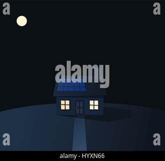 Einfachen Cartoon-Haus in der Nacht mit Sonnenkollektoren auf dem Dach. Stock Vektor