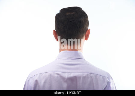Ein Mann im Hemd zurück anzeigen Nahaufnahme isoliert auf weißem Hintergrund Stockfoto