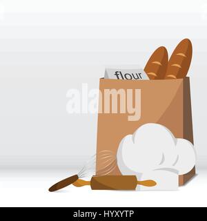 Kochmütze mit Nudelholz und Schneebesen, Brot und Mehl in Tasche Zutat der Bäckerei Stock Vektor