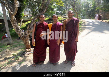 Aluviharaya Rock Cave Tempel Sri Lanka Matale-Distrikt Kandy-Dambulla Autobahn drei buddhistische Mönche In Robe lächelnd Stockfoto