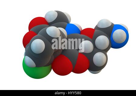 Amlodipin Wirkstoffmolekül Hypertonie (Bluthochdruck). Chemische Formel ist C20H25ClN2O5. Atome werden als Kugeln dargestellt: Kohlenstoff (grau), Wasserstoff (weiß), Chlor (grün), Stickstoff (blau), Sauerstoff (rot). Abbildung. Stockfoto