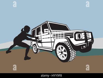 Große Offroad und schwache Frau Stock Vektor