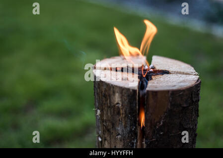 Schwedische Fackel Feuer brennenden Stummel auf einem Teller für Erholung oder chill Laune Essen kochen Stockfoto