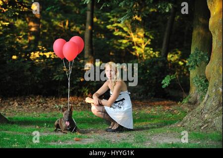 Frau und Miniatur Bullterrier Stockfoto