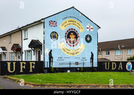 Loyalist Wandbild, zum Gedenken an Stevie McKeag, auf der Shankill Immobilien, Belfast, Grafschaft Antrim, Nordirland, Vereinigtes Königreich Stockfoto