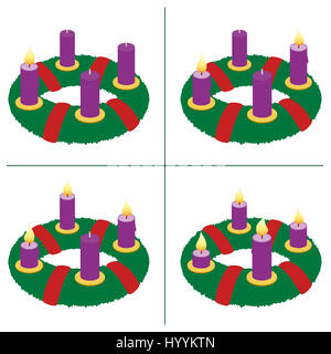 Adventskranz am ersten, zweiten, beleuchtete Dritte, vierte Sonntag im Advent - mit eins, zwei, drei und vier Kerzen in verschiedenen Längen. Stockfoto