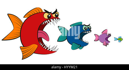 Große Fische essen wenig Fisch - Symbol für Hierarchie, Betriebsübernahme, Absorption, Usurpation, Beschlagnahme macht oder Lebensmittelkette. Isolierte Comic. Stockfoto