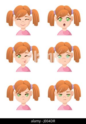 Niedlichen Cartoon Mädchen Gesichter zeigen verschiedene Emotionen Mädchen Emotion Emoji Symbolsatz für Innenräume flaches Design-Stil-Vektor-Illustration. Stock Vektor