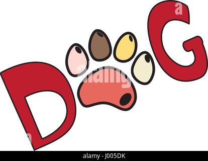 Hund rote Text Wort print mit bunten Pfote auf Hintergrund isoliert. Vektor-Illustration. Stock Vektor