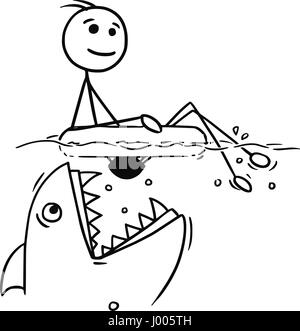 Cartoon Vector Stickman lächelnd genießen entspannen sitzen auf aufblasbarer Schwimmring während von großen Fischen oder Hai angegriffen Stock Vektor