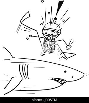 Cartoon Vector Stickman Taucher treffen unerwartet große gefährlichen Hai Stock Vektor