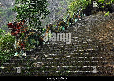 Geschnitzten steinernen Drachen. Aufsteigender Steintreppe, Mua Hang cave Pagode und Mua, Ninh Binh, Vietnam Stockfoto