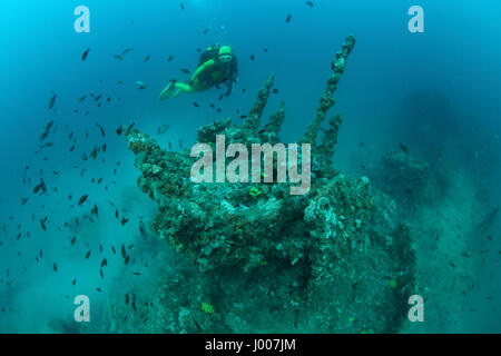 Schiffbruch des Torpedoboot Giuseppe Dezza und Taucher unter Wasser im Mittelmeer Stockfoto