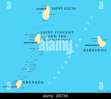 Barbados, Grenada, St. Lucia, St. Vincent und die Grenadinen politische Karte. Inselstaaten in der Karibik, Teil der kleinen Antillen. Stockfoto