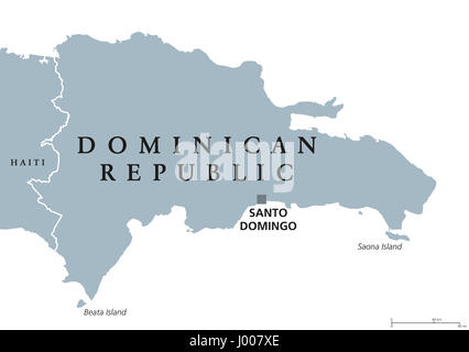Dominikanische Republik politische Karte mit Hauptstadt Santo Domingo. Land der Karibik auf der Insel Hispaniola in den großen Antillen Archipel. Stockfoto
