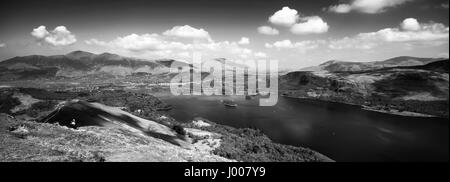 Wälder und Felder Klammern sich an die Berge von Derwent Water See in Englands Lake District National Park, vom Gipfel des Catbells angesehen. Stockfoto