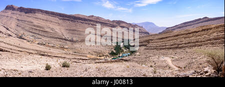 Panoramablick auf das Wadi Bani Khalid in Oman, mit der üppigen Oase, dem Hauptpool und den umliegenden trockenen Bergen unter einem klaren blauen Himmel Stockfoto