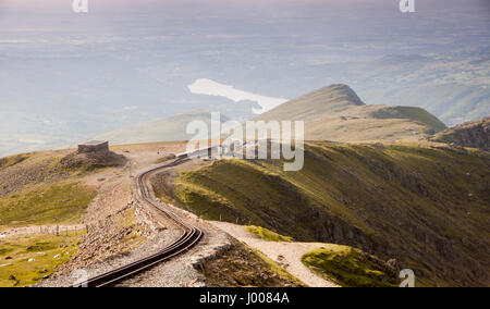 Die Aussicht Richtung Norden tracks von Snowdon Mountain Llanberis Dorf und See, mit der Snowdon Mountain Railway absteigend der Höhenweg in Snowdonia Nat Stockfoto