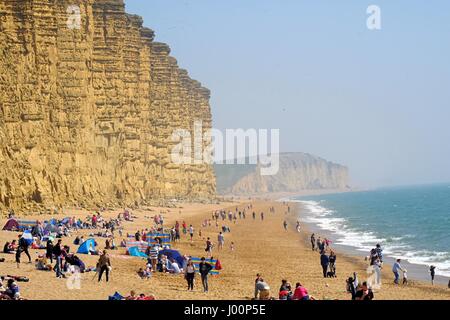 West Bay, Dorset, UK. 8. April 2017. Menschenmassen strömen in West Bay Beach in Dorset gerne was sieht aus wie der wärmste Tag des Jahres. Bildnachweis: Tom Corban/Alamy Live-Nachrichten Stockfoto