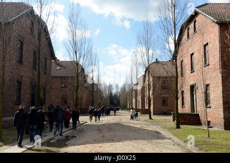 Oswiecim, Polen. 19. März 2017. 20170319 - Besucher zu Fuß eine Durchgangsstraße zwischen Gefangenen Blöcke in das Stammlager Auschwitz in Oswiecim, Polen. Bildnachweis: Chuck Myers/ZUMA Draht/Alamy Live-Nachrichten Stockfoto