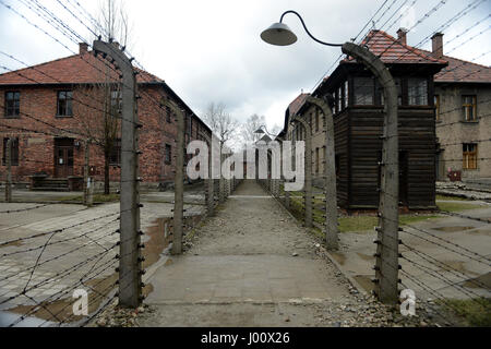 Oswiecim, Polen. 20. März 2017. 20170320 - ein Kies Gehweg flankiert durch Stacheldrahtzäune (einmal elektrifiziert) am wichtigsten Auschwitz Lager in Oswiecim, Polen, teilt das ehemalige Gefangenenlager links, von der Lager-SS-Verwaltungsgebäude und Türme auf der rechten Seite zu schützen. Bildnachweis: Chuck Myers/ZUMA Draht/Alamy Live-Nachrichten Stockfoto