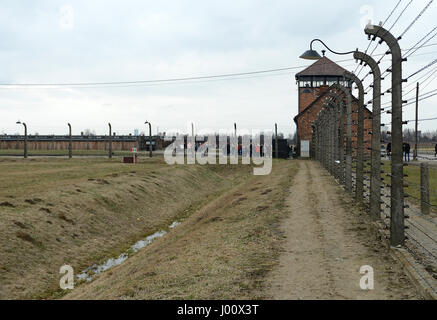 Oswiecim, Polen. 20. März 2017. 20170320 - ein Blick aus dem Inneren der ehemaligen Vernichtungslager Birkenau in Polen zeigt einen Ausschnitt von der einmal Elektrozaun, die entlang der Vorderseite des Lagers lief. Bildnachweis: Chuck Myers/ZUMA Draht/Alamy Live-Nachrichten Stockfoto