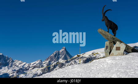 Statue von einem Steinbock in Champoluc, mit Blick auf das Matterhorn Stockfoto