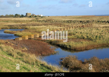 Pools von Wasser zwischen Kiesstrand und Flut Verteidigung Wand, Shingle Street, Suffolk, England, UK zweiten Weltkrieg Anti-Panzer Verteidigung Stockfoto