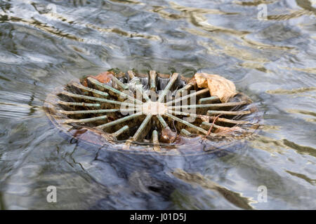 Wasser läuft in einen Überlauf Rinne Stockfoto