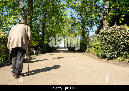 Ein alter Mann, der einen Hügel hochgeht in Horniman Gardens, Forest Hill, London, SE23, England, UK Stockfoto