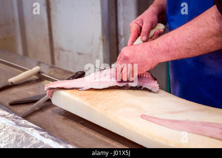 Fischverkäufer kurz mit einem dünnen Messer auf dem Markt von Cádiz, Andalusien, Spanien Stockfoto