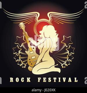 Mädchen mit Rockgitarre gegen Flügel und Stars. Rock-Festival Plakat. Vektor-Illustration. Stock Vektor