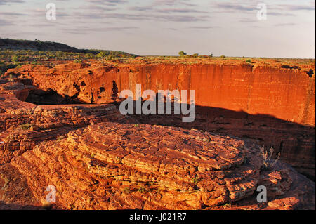 Rosa Sonnenaufgang Himmel erleuchten senkrechte Felswänden des Kings Canyon in den Northern Territories von Australien Stockfoto