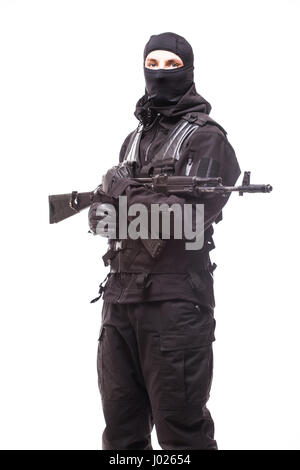 Soldat mit Gewehr auf einem weißen Hintergrund Stockfoto