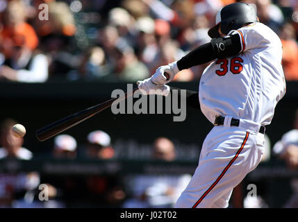 Baltimore, Maryland, USA. 9. April 2017. Baltimore Orioles Catcher Caleb Joseph (36) in Aktion während des Spiels zwischen den Baltimore Orioles und die New York Yankees at Camden Yards in Baltimore, Maryland. Daniel Kucin Jr./Cal Sport Media/Alamy Live-Nachrichten Stockfoto