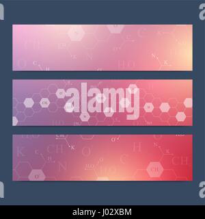 Wissenschaftliche Reihe von Bannern, Vektor. Sechseckige Chemie Muster. Medizin, Wissenschaft, Technologie, Chemie-Hintergrund für Ihr Design. Stock Vektor