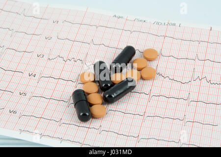 Medizinische Pillen und Elektrokardiogramm. ECG-Band und Pillen. Stockfoto