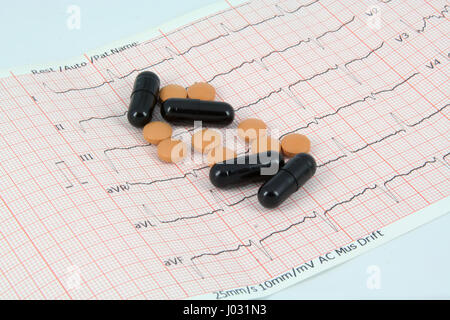 Medizinische Pillen und Elektrokardiogramm. ECG-Band und Pillen. Stockfoto