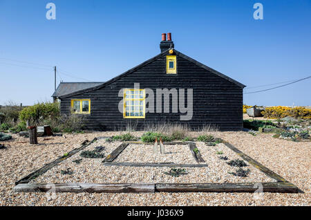 Prospect Cottage nahe Dungeness Kraftwerk, im zeitigen Frühjahr. Die Hütte, Heimat der späten Derek Jarman, der der einflussreichen Schindel-Garten angelegt. Stockfoto