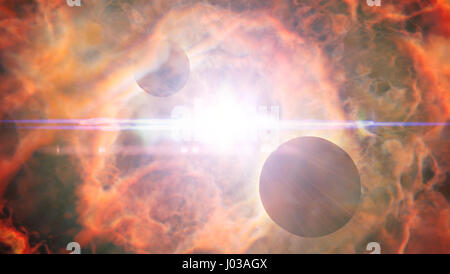 zwei Planeten umkreisen einen hellen Stern in einem schönen lebendigen Nebel Stockfoto