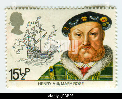 GOMEL, WEIßRUSSLAND, 9. APRIL 2017. Briefmarke gedruckt in Großbritannien zeigt, dass Bild von The Henry VIII (28 Juni 1491-28 Januar 1547) war König von England vom 21. April 1 Stockfoto